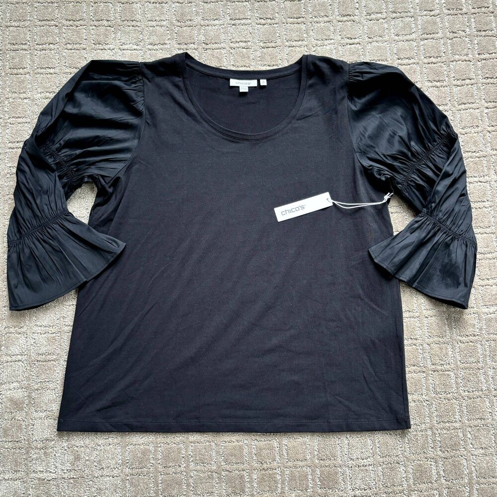 Chicos Peasant Shirt Women's 2 / L Black Gathered Tier 3/4 Sleeve Dark Romantic